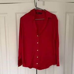 Zara Bright Red Long-Sleeve Button-Down Shirt